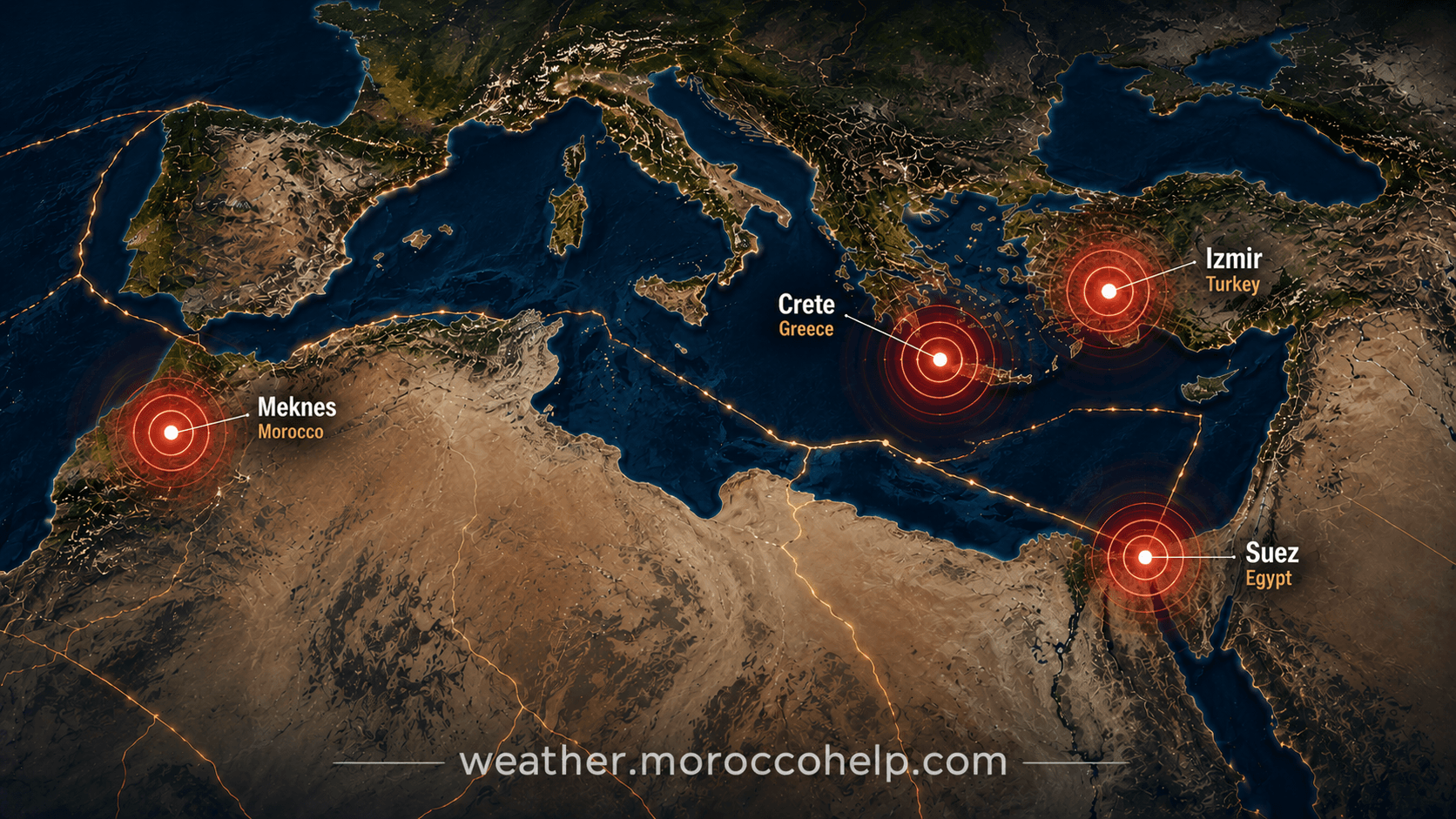 AI-generated map of North Africa and the Eastern Mediterranean showing earthquake epicenters from late July to early August 2026, with glowing seismic rings near Suez, Meknes, and Crete