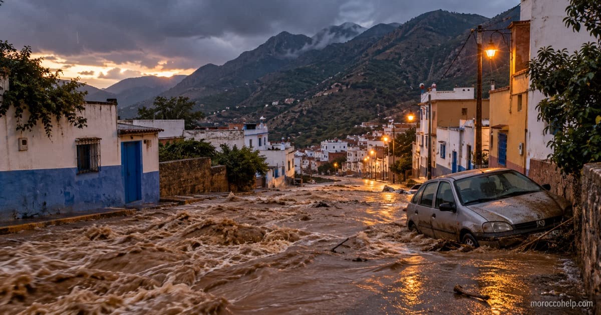 شارع بمدينة مغربية يتحول إلى نهر من الوحل بسبب سيل مفاجئ، كما حدث في إمزورن يوم 6 أكتوبر 2026
