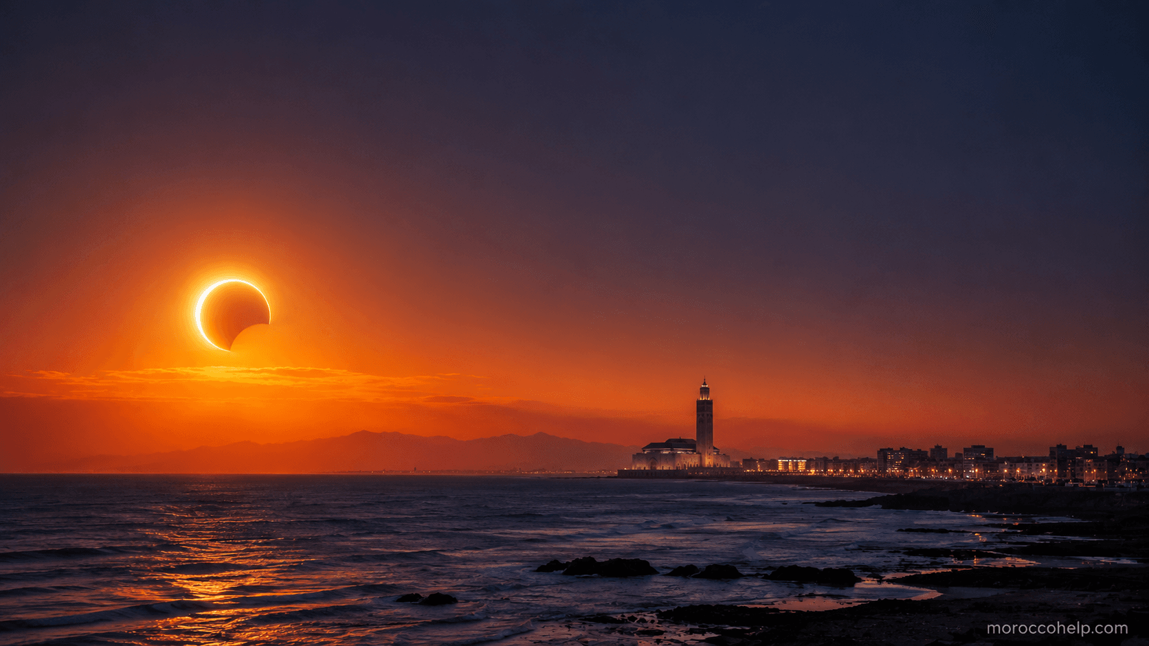 The partially eclipsed Sun hanging low over the Moroccan horizon at sunset on August 12, 2026