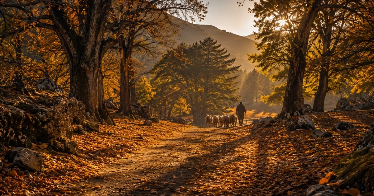 A shepherd leads his flock along a mountain path covered in golden leaves at the start of autumn in Morocco's Atlas Mountains