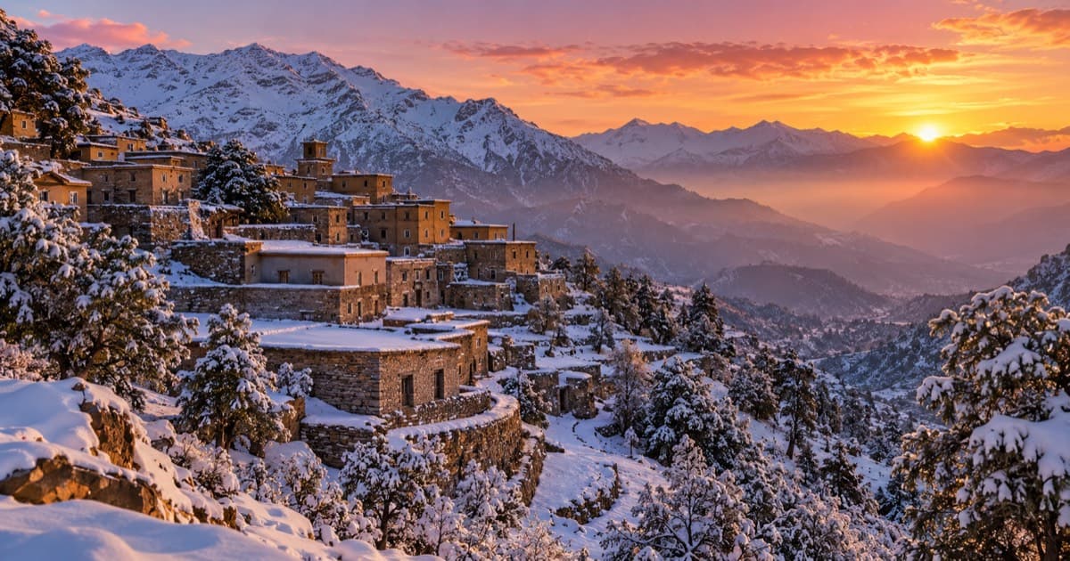 Village des montagnes de l'Atlas au Maroc couvert de neige sous un coucher de soleil hivernal au début de la saison d'hiver