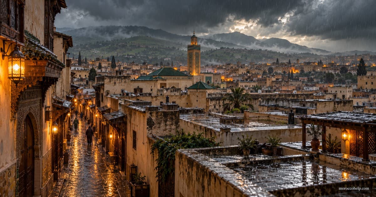 زقاق وأسطح مدينة فاس القديمة مبللة بالمطر تحت غيوم عاصفة رمادية خلال موسم الأمطار بالمغرب